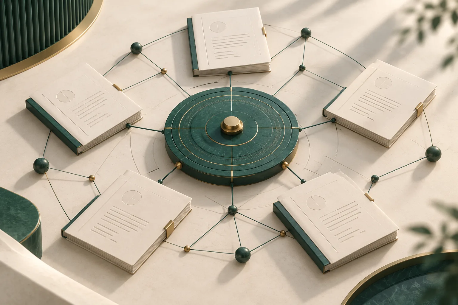Concept illustration of fund record folios connected through a distributed node network.